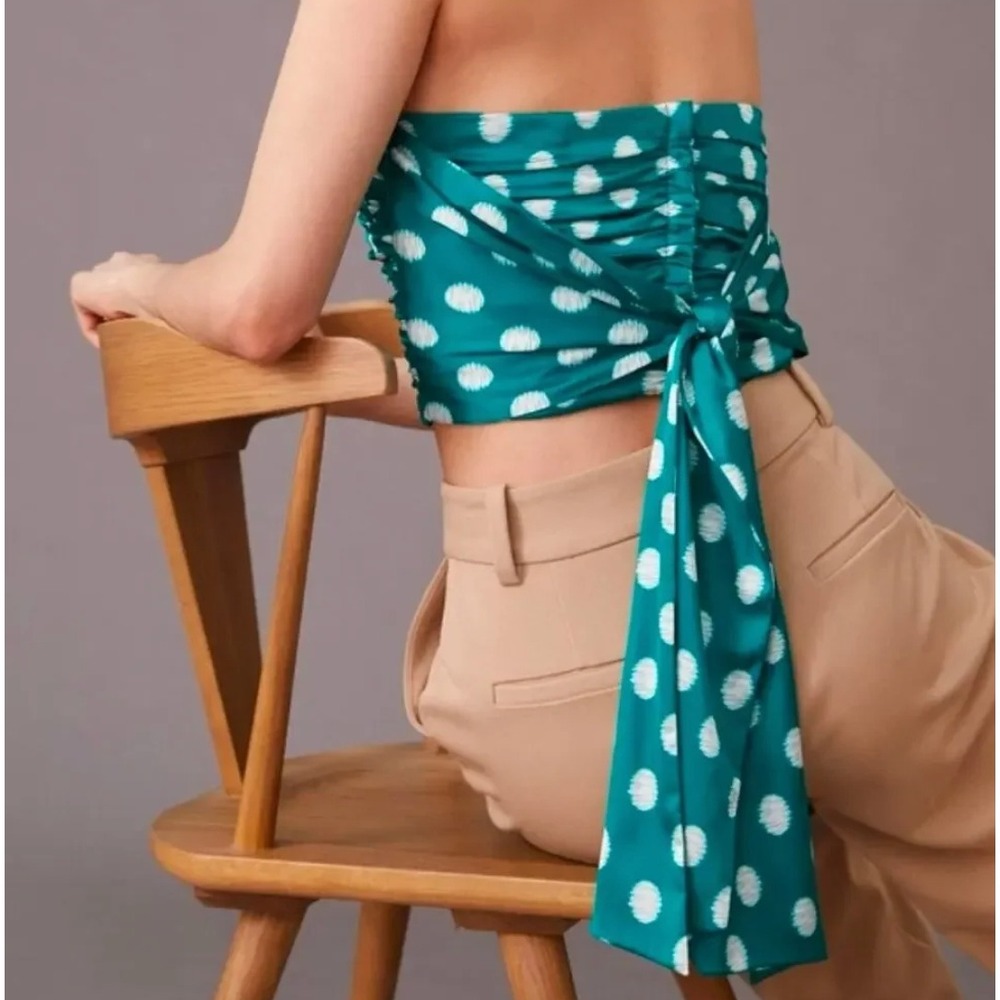 Anthropologie Hutch Ruched Strapless Tie Back Tube Top in Teal Polka Dot sz M